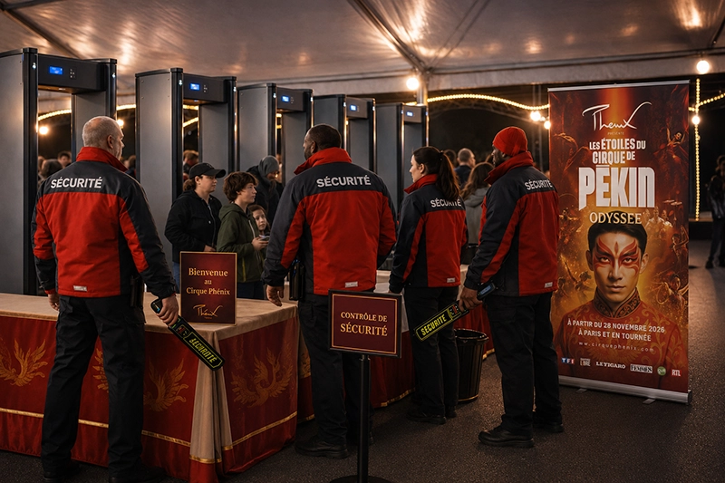 Agents de sécurité et contrôle des visiteurs à l’entrée du Cirque Phénix
